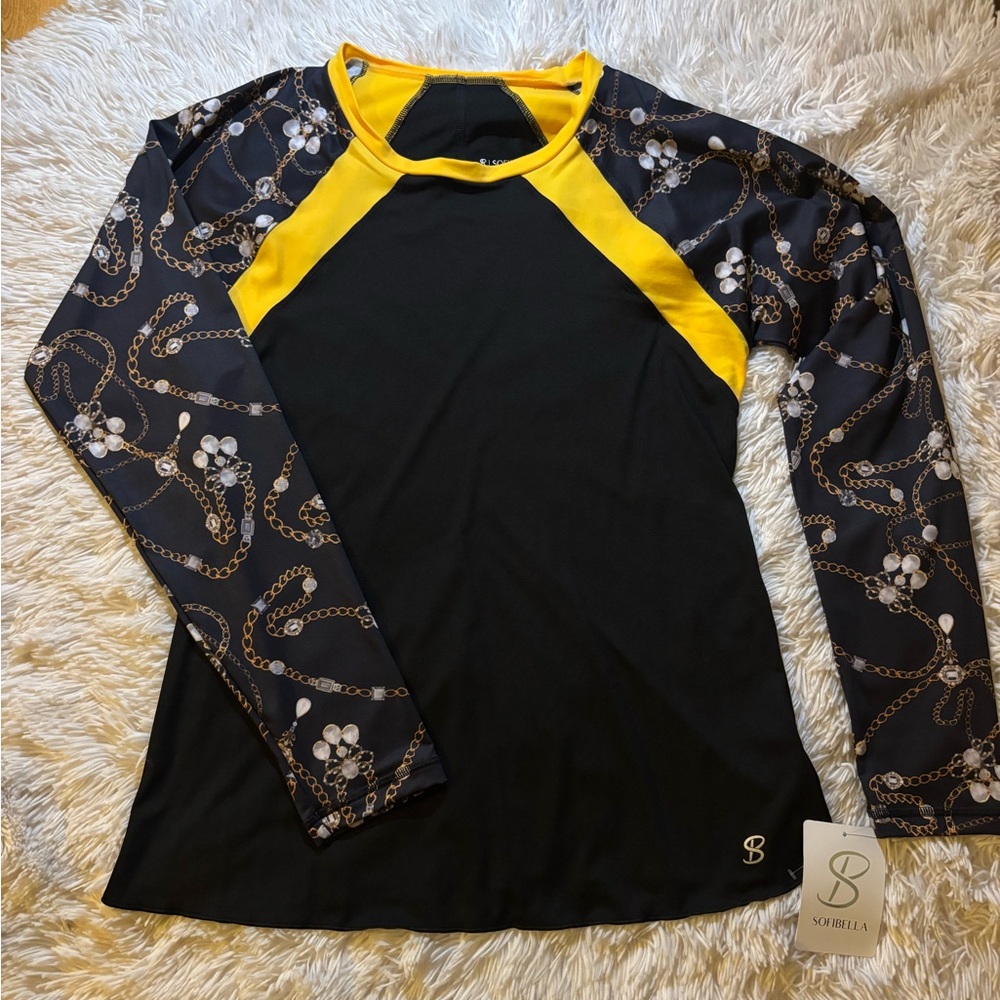 SofiBella black and yellow with gold chain detailing tennis long sleeve size L